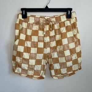 Massive Men’s Tan Checkered Shorts Drawstring Pockets Lightweight Rayon Size S